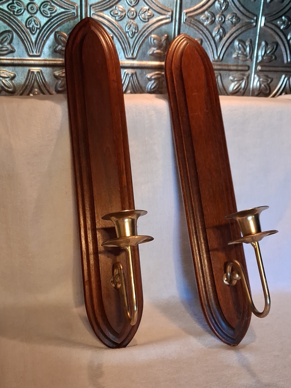 Home Interiors Brown Wooden Wall Candle Sconces with Brass Holders